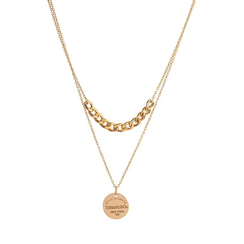 گردنبند طلا 18 عیار طرح کارتیه و پلاک گرد تیفانی