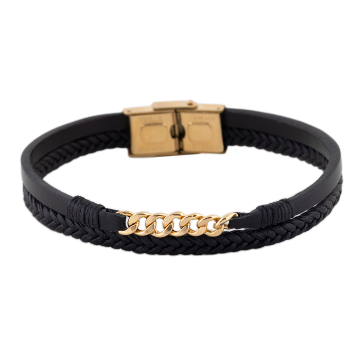 دستبند طلا مردانه سور گالری با بند چرم مدل کارتیه کد wb4649