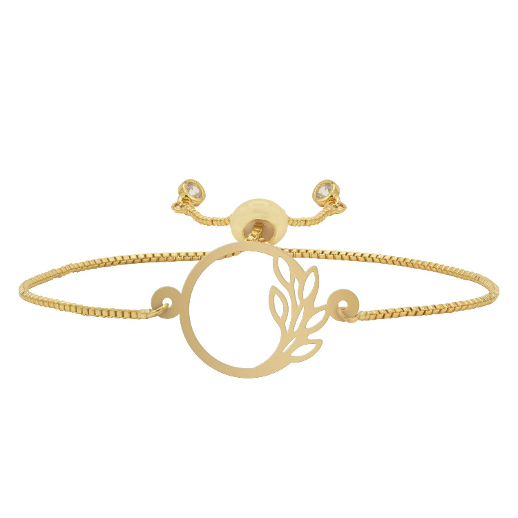 دستبند طلا 18 عیار زنانه شمیم گلد گالری طرح مینیمال دایره و برگ کد D73-18 دستبند طلا 18 عیار زنانه شمیم گلد گالری طرح مینیمال دایره و برگ کد D73-18