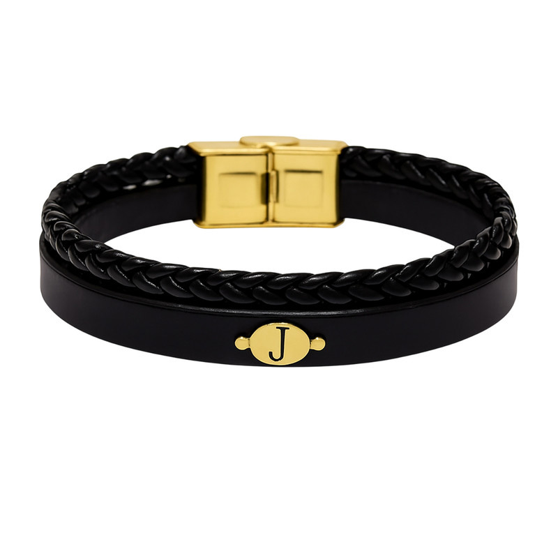 دستبند طلا 18 عیار مردانه با بند چرمی گالری قو طلایی مدل حرف J در دایره