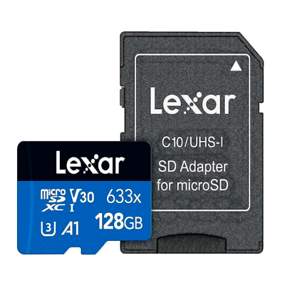 کارت حافظه microSDXC لکسار مدل 633X V30 A1 کلاس 10 استاندارد UHS-I U3 سرعت 100MBps ظرفیت 128 گیگابایت به همراه آداپتور
