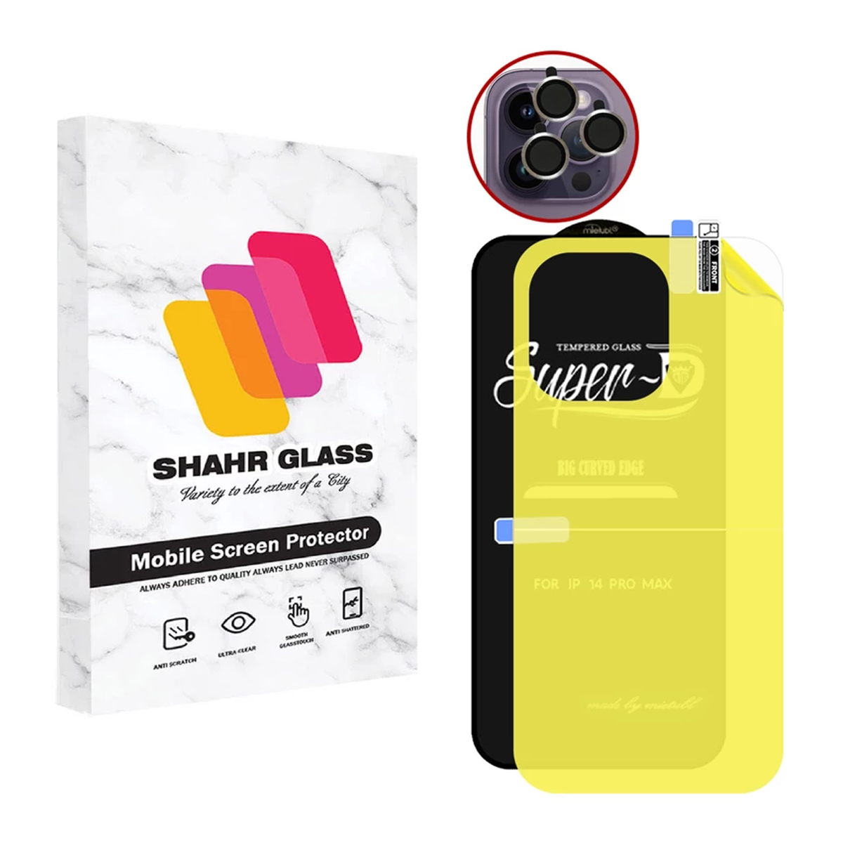 گلس گوشی اپل iPhone 14 Pro شهر گلس مدل 3SNR به همراه محافظ پشت گوشی و محافظ لنز دوربین