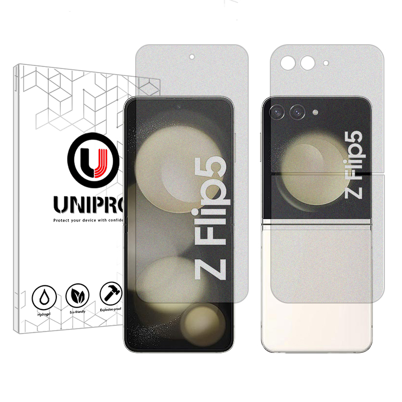 گلس گوشی سامسونگ Galaxy Z Flip5 به همراه محافظ پشت گوشی یونی پرو مدل Explosion Proof