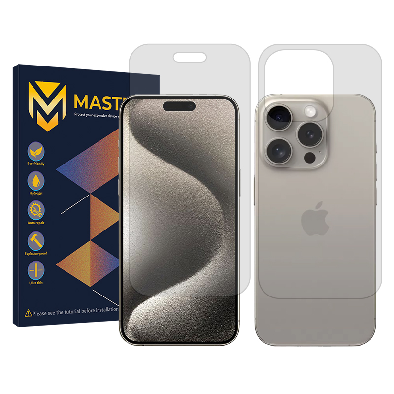 گلس گوشی اپل iPhone 15 Pro Max شفاف مستر مدل Resistant به همراه محافظ پشت گوشی