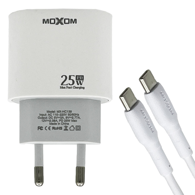 شارژر دیواری 25 وات موکسوم مدل MX-HC139 به همراه کابل تایپ سی