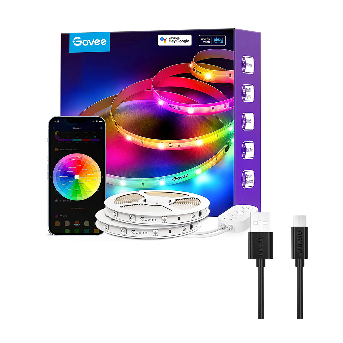 ریسه هوشمند گووی مدل RGBIC Basic Wi-Fi Bluetooth LED Strip Lights H618A طول 5 متر همراه با کابل چویتک ریسه هوشمند گووی مدل RGBIC Basic Wi-Fi Bluetooth LED Strip Lights H618A طول 5 متر همراه با کابل چویتک-small-image